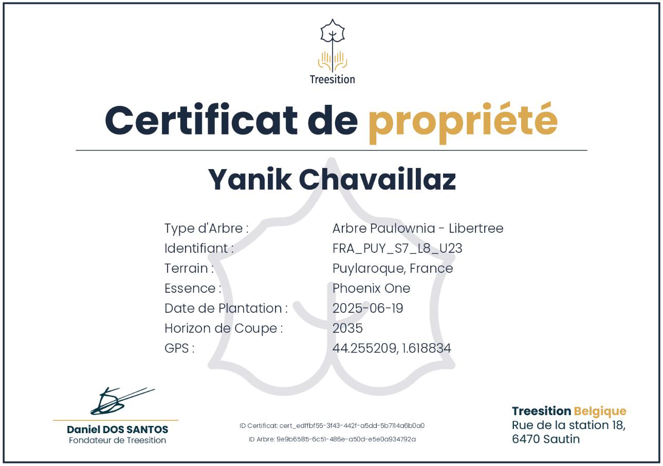 Certificat de propriété Yanik Chavaillaz